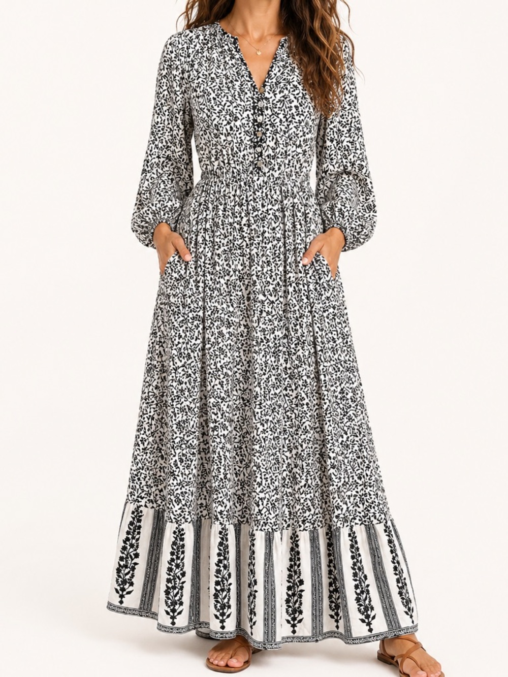 Faherty Cotton Floral Maxi Dress Boho Tiered Long Sleeve Cottage S